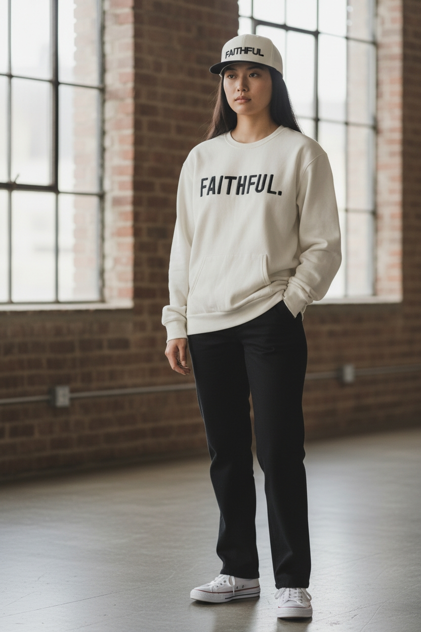 Cream/Black Crewneck Sweatshirt with Pouch