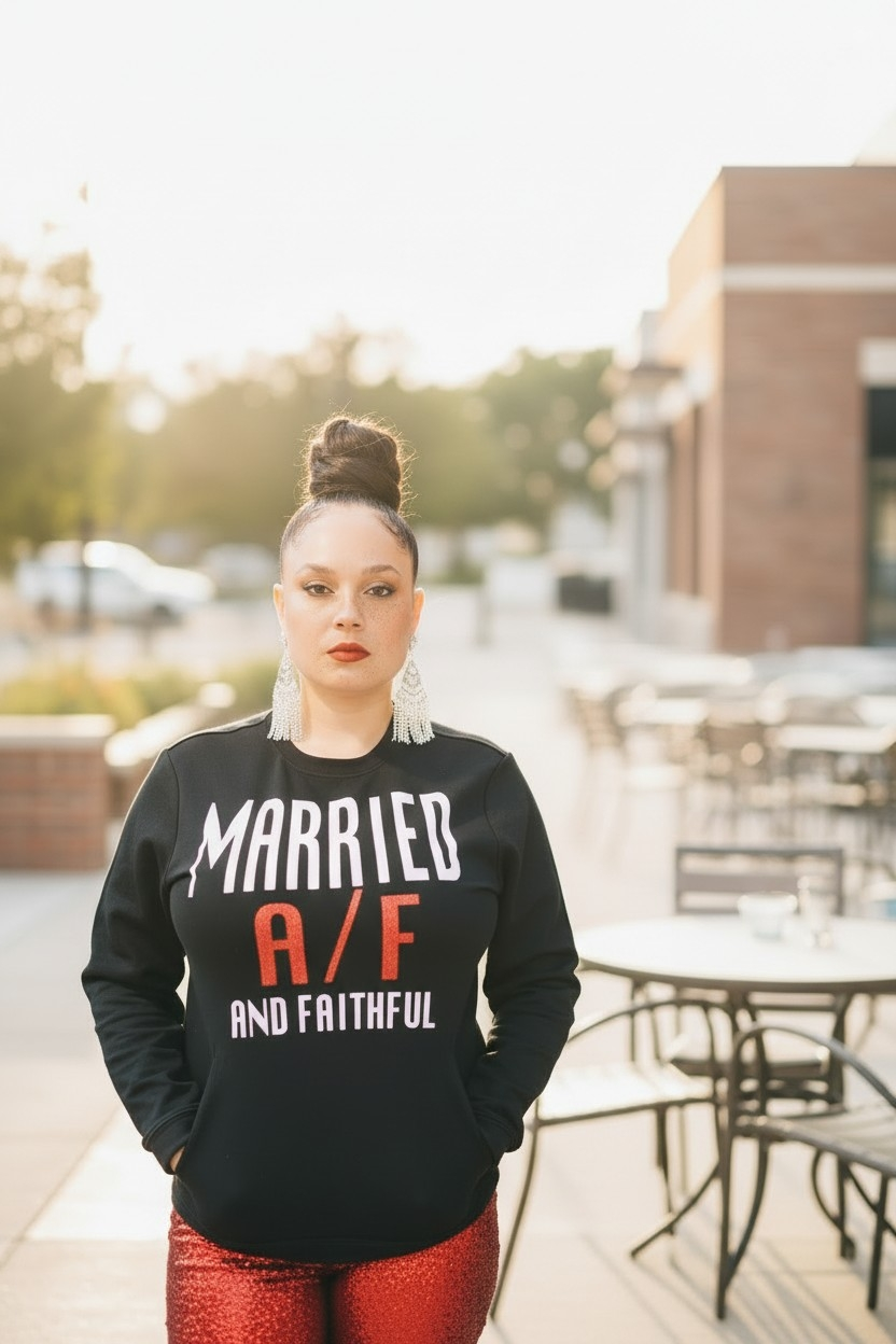 MARRIED Black/White/Red Crewneck Sweatshirt with Pouch