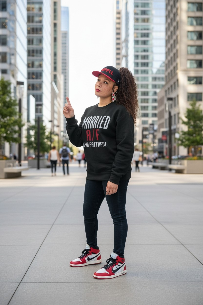 MARRIED Black/White/Red Crewneck Sweatshirt with Pouch