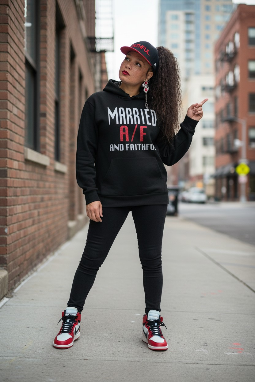 MARRIED Black/White/Red Crewneck Sweatshirt with Pouch