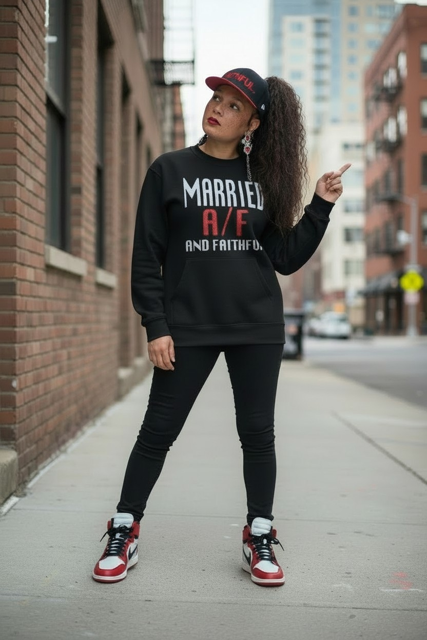 MARRIED Black/White/Red Crewneck Sweatshirt with Pouch