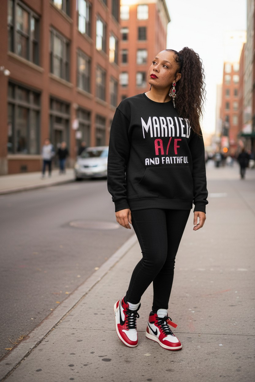 MARRIED Black/White/Red Crewneck Sweatshirt with Pouch