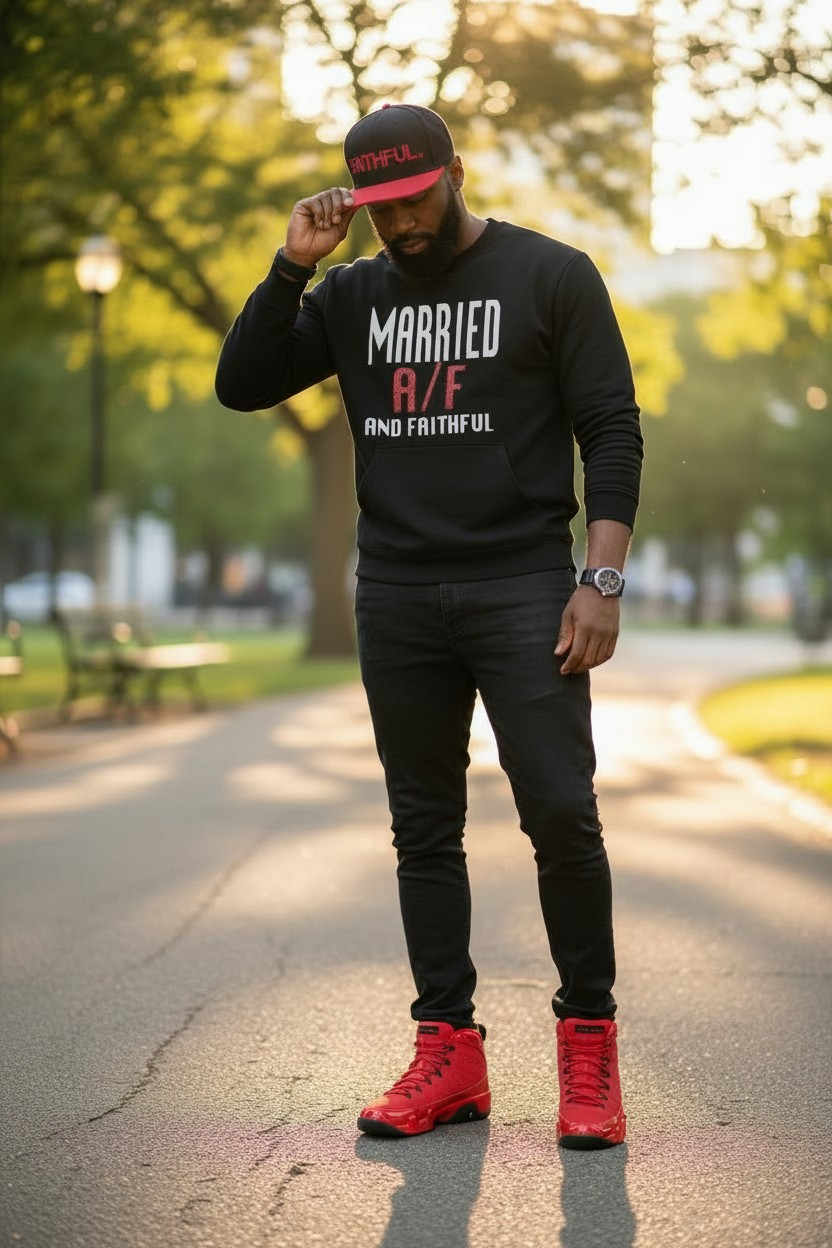 MARRIED Black/White/Red Crewneck Sweatshirt with Pouch