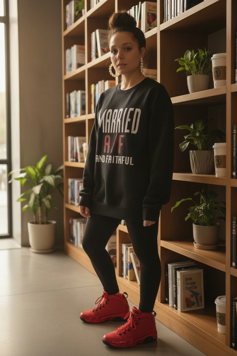 MARRIED Black/White/Red Crewneck Sweatshirt with Pouch