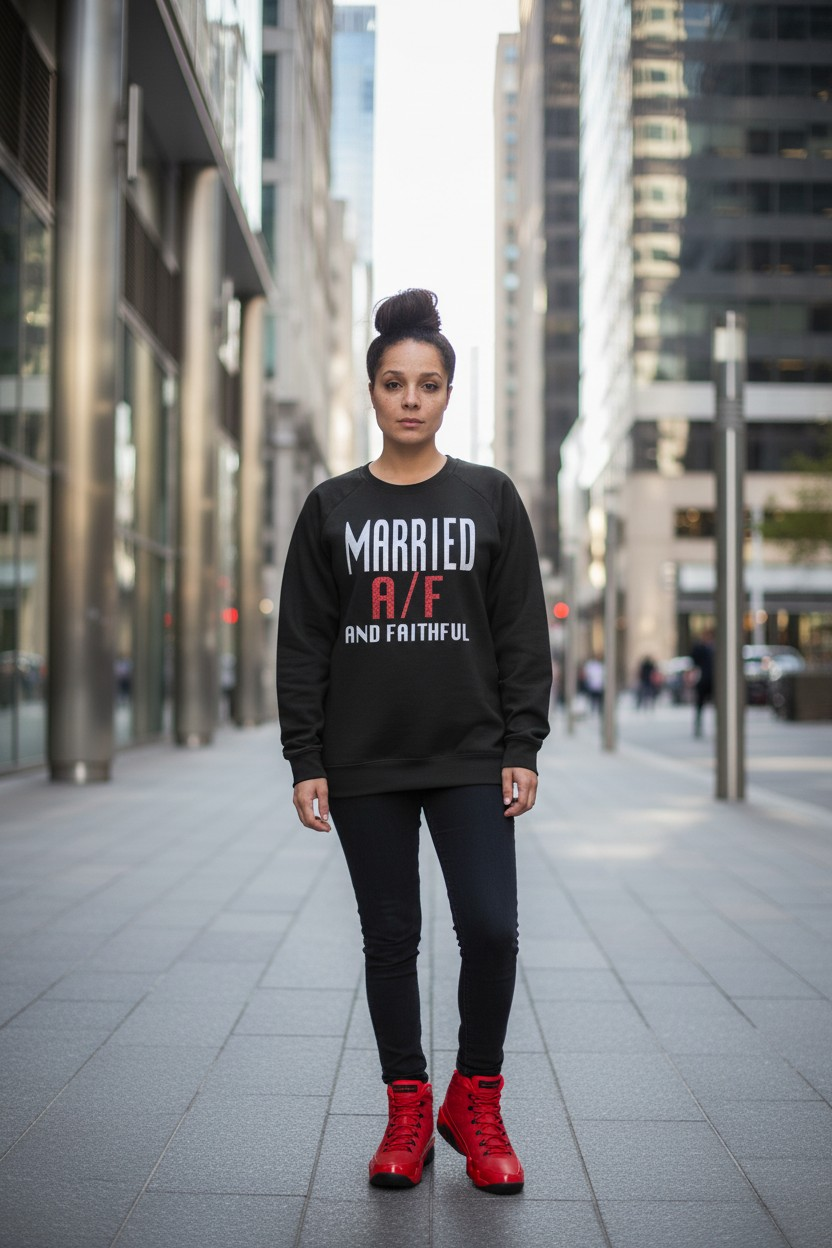 MARRIED Black/White/Red Crewneck Sweatshirt with Pouch